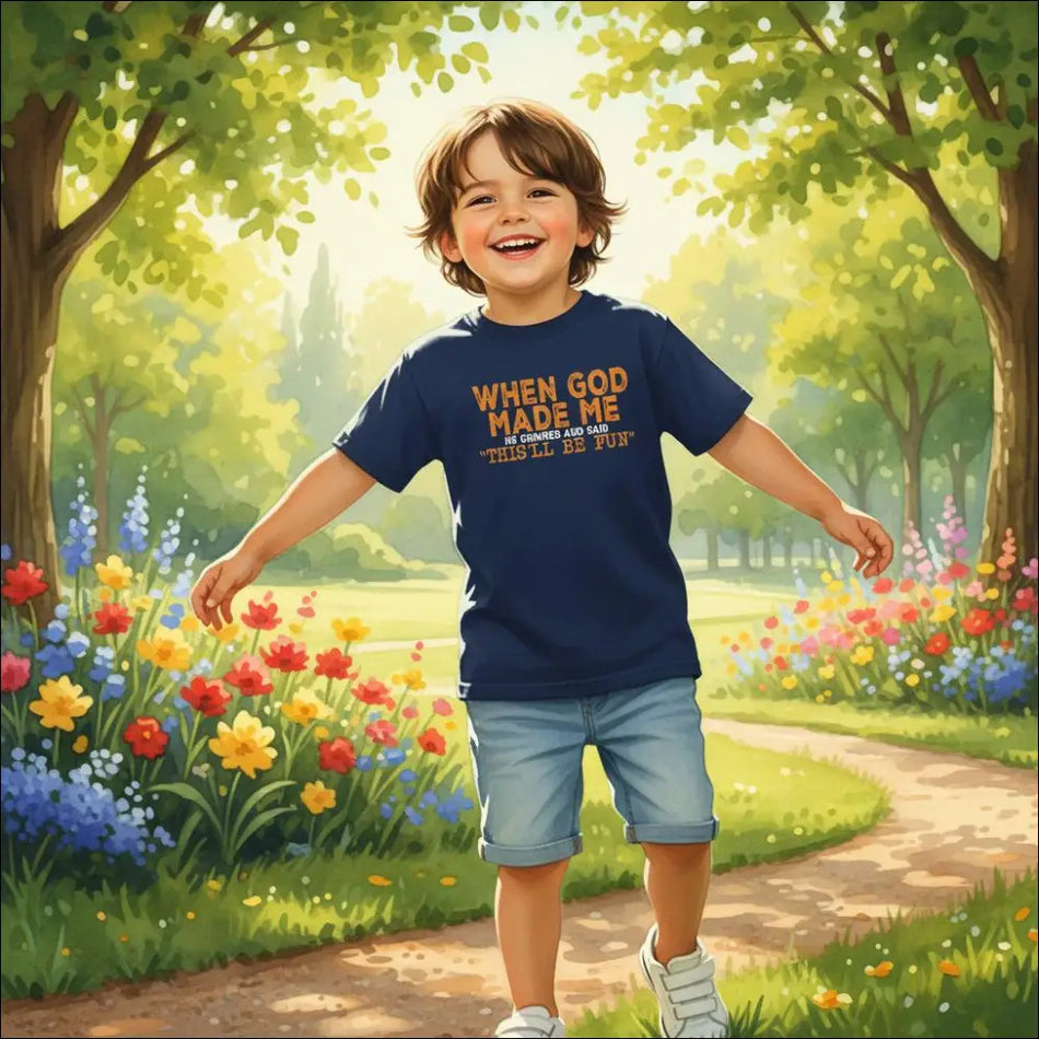 Navy blue FunKids t-shirt with orange and white text: When God Made Me He Grinned and Said This Will Be Fun