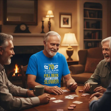 Blue t-shirt with text: At 70 Im still playing with a full deck, just shuffle slower