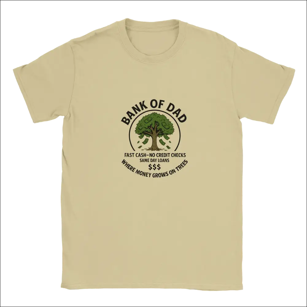 Funny Bank of Dad T-Shirt with money tree graphic on beige fabric