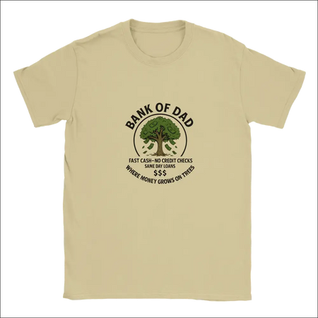 Funny Bank of Dad T-Shirt with money tree graphic on beige fabric