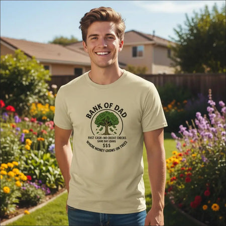 Funny Bank of Dad t-shirt with tree graphic and humorous phrases