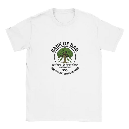Funny Bank of Dad white cotton t-shirt with money tree graphic