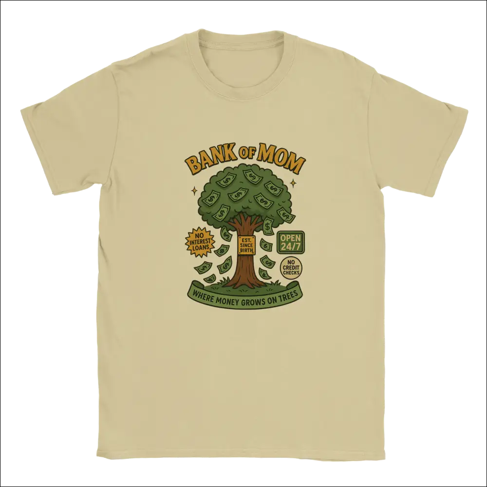 Funny beige short-sleeved Bank of Mom t-shirt with tree and dollar bill design