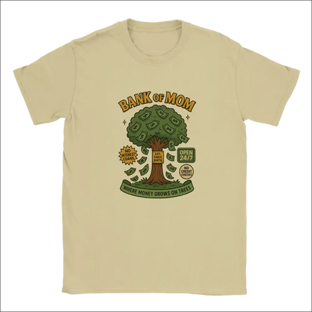 Funny beige short-sleeved Bank of Mom t-shirt with tree and dollar bill design