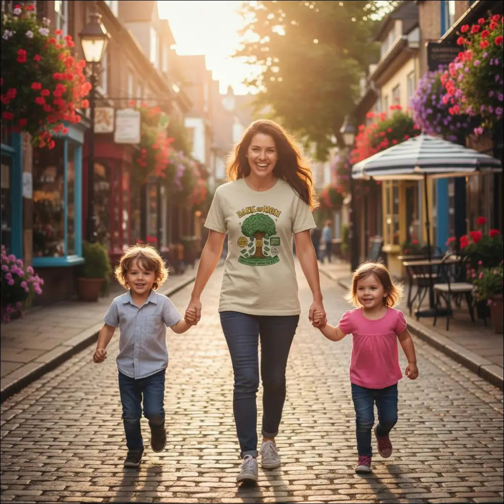 Funny beige t-shirt with green tree graphic and bank of goth text