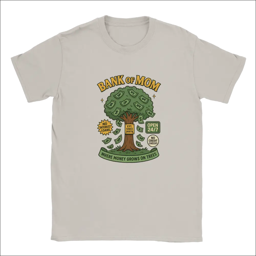 Off-white cotton t-shirt with green tree of dollar bills and Bank of Mom text