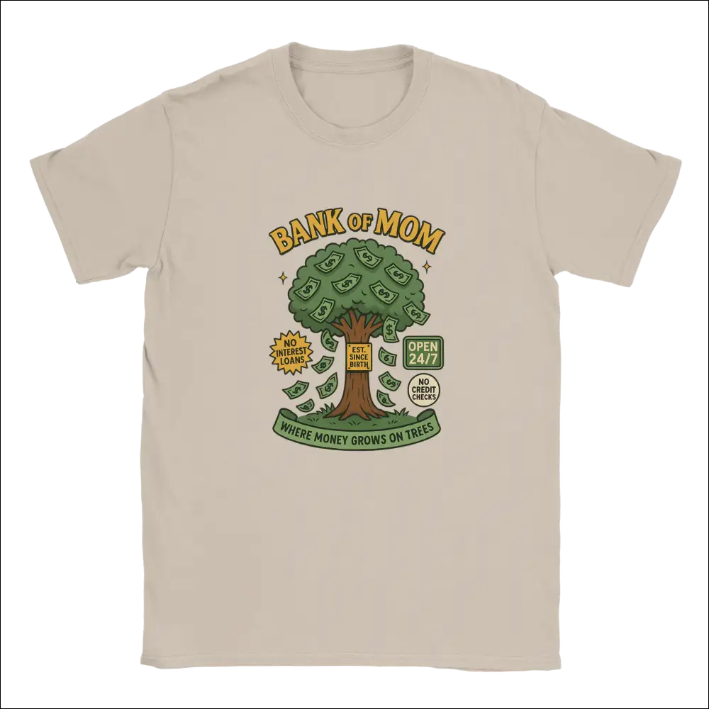 Funny beige short-sleeved cotton t-shirt with Bank of Mom tree design