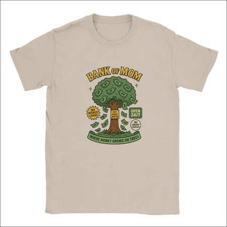 Funny beige short-sleeved cotton t-shirt with Bank of Mom tree design