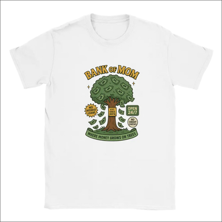 Funny Bank of Mom white cotton t-shirt with cartoon money tree graphic