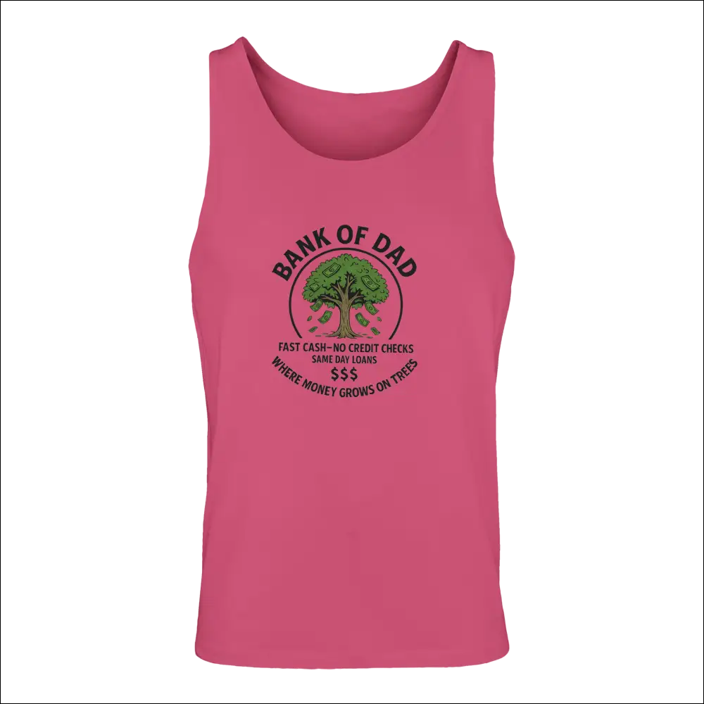 Vibrant pink sleeveless Bank of Dad tank top with money tree graphic