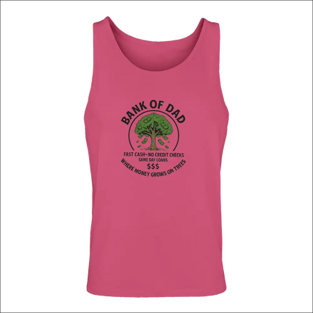 Vibrant pink sleeveless Bank of Dad tank top with money tree graphic