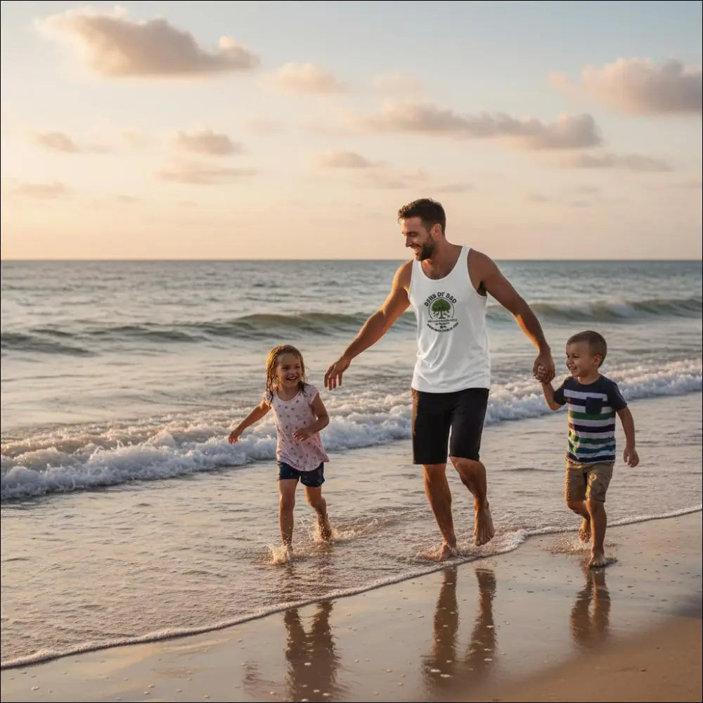 Funny men’s white tank top with green tree Bank of Dad logo