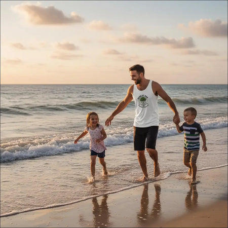 Funny men’s white tank top with green tree Bank of Dad logo