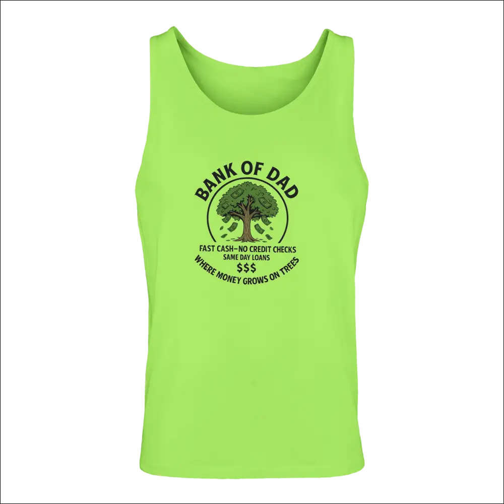 Funny neon green mens tank top with Bank of Dad graphic and money tree design