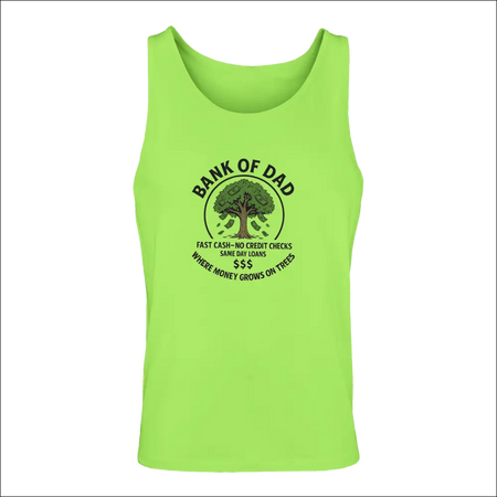Funny neon green mens tank top with Bank of Dad graphic and money tree design