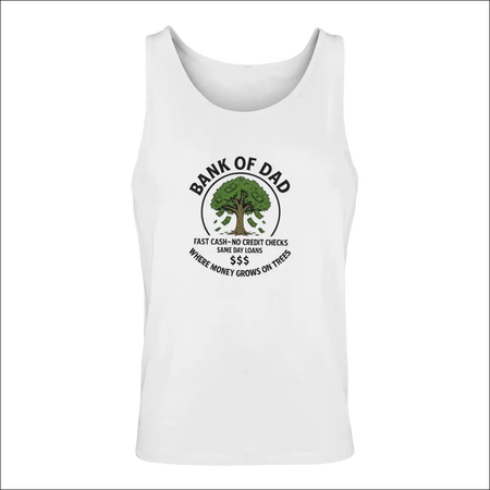 Funny white men’s tank top with Bank of Dad tree graphic and fast cash no credit checks text