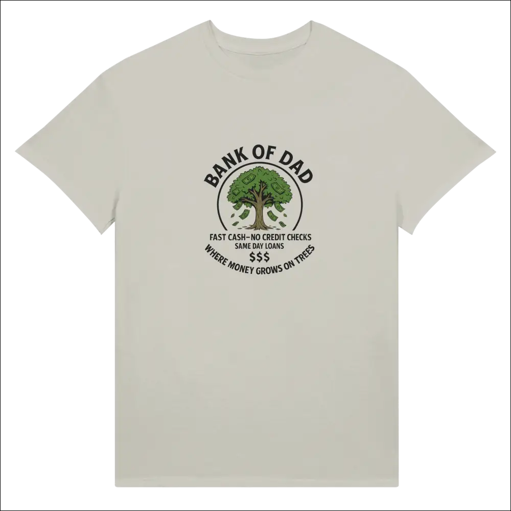 Funny off-white cotton Bank of Dad t-shirt with tree graphic