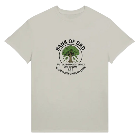 Funny off-white cotton Bank of Dad t-shirt with tree graphic