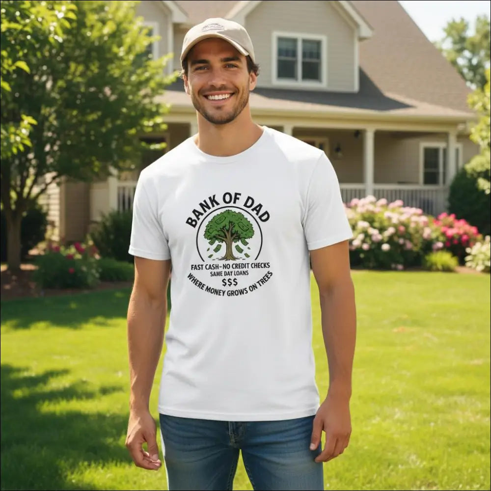 White cotton t-shirt with black green tree print and Bank of Dad text
