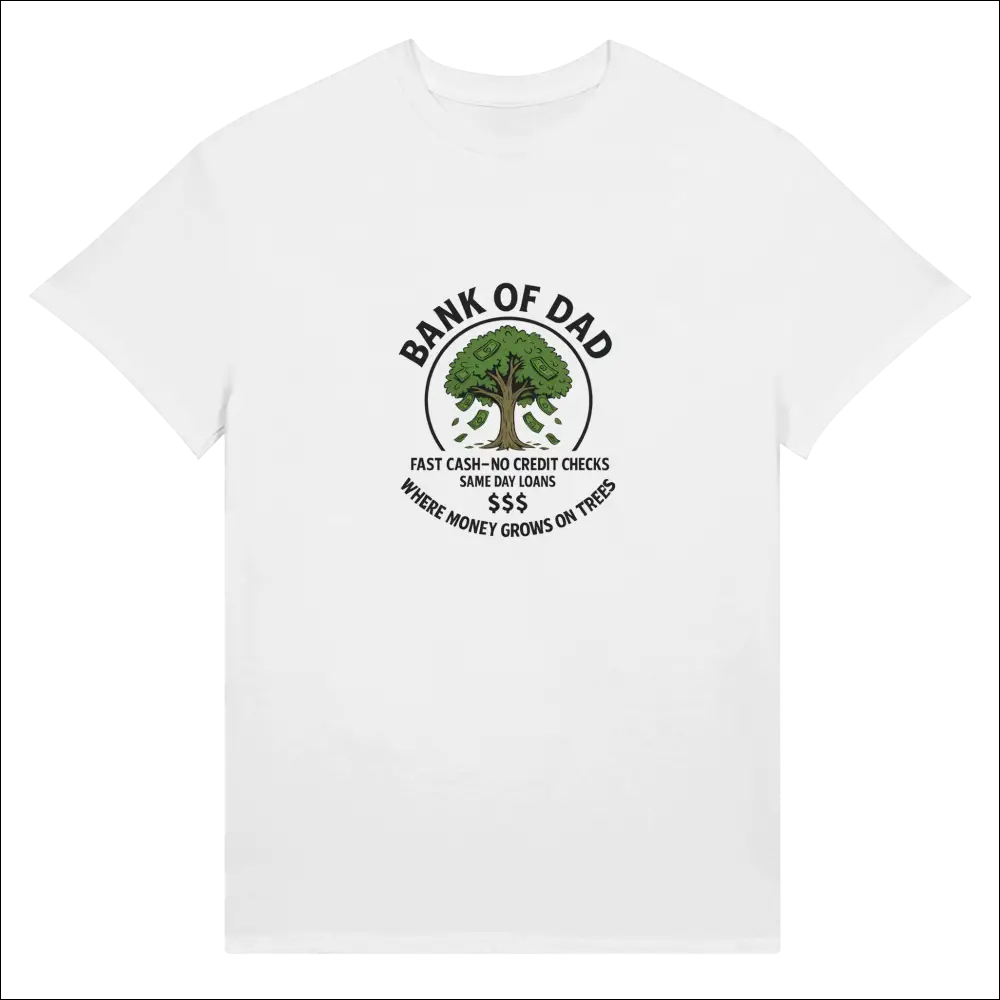 Funny white cotton t-shirt with Bank of Dad tree graphic