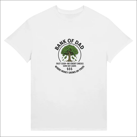 Funny white cotton t-shirt with Bank of Dad tree graphic