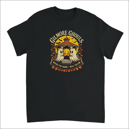 Black short-sleeved Gilmore Ghouls Halloween t-shirt with ghosts sharing drinks