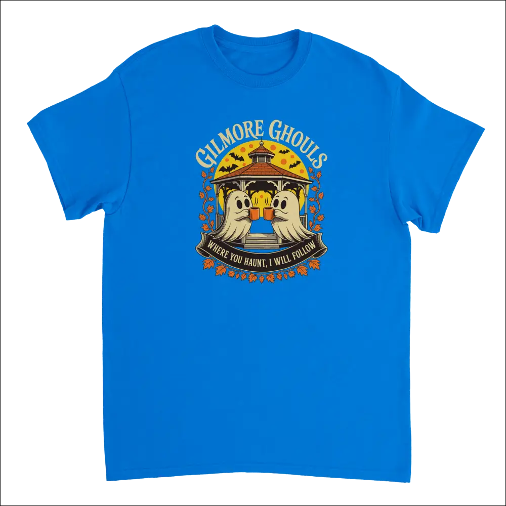 Bright blue Gilmore Ghouls t-shirt with toasting ghosts graphic
