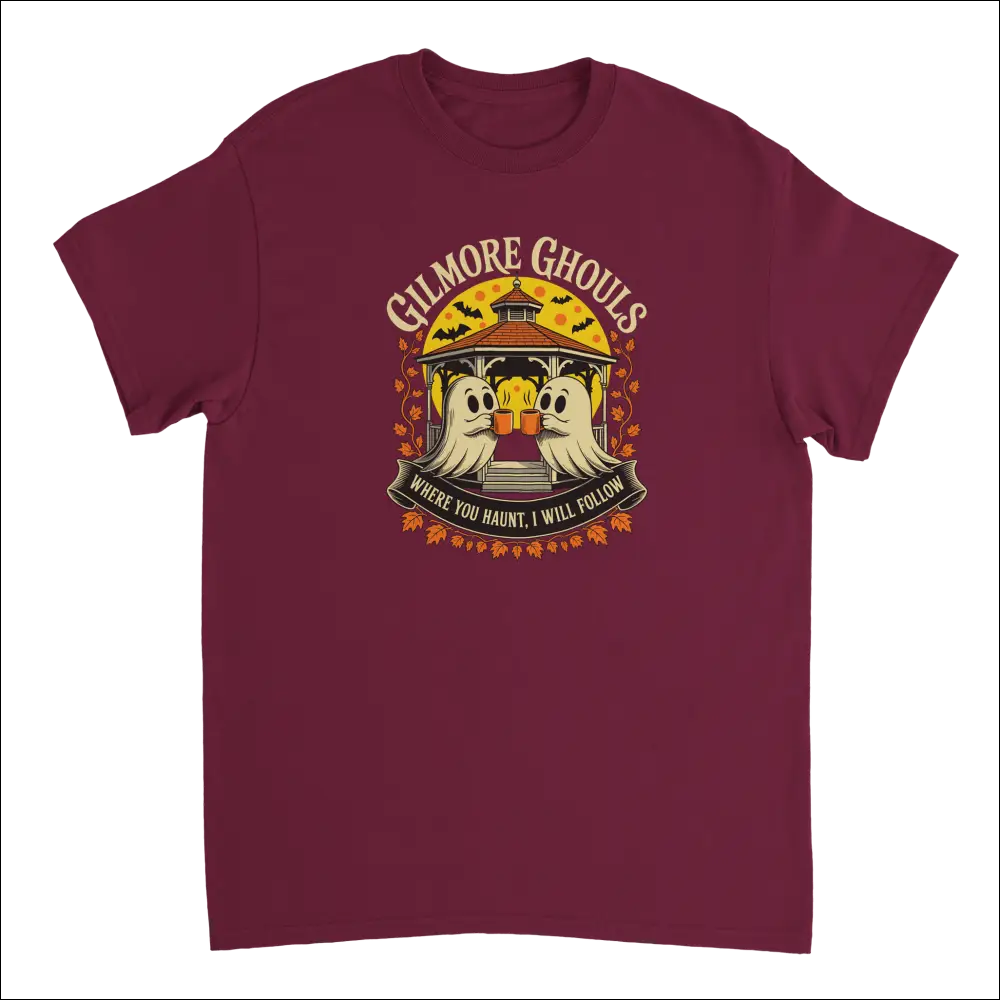 Maroon Gilmore Ghouls Halloween t-shirt with toasting ghosts and autumn leaves