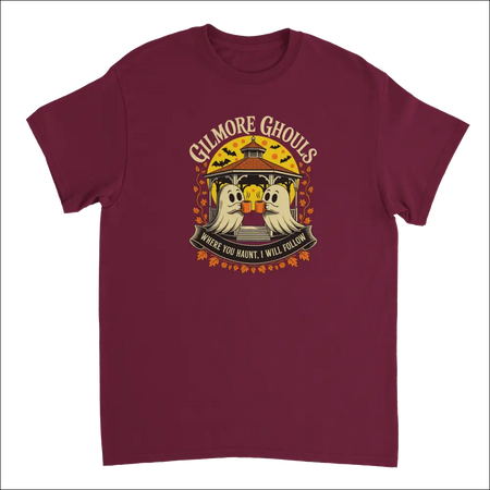 Maroon Gilmore Ghouls Halloween t-shirt with toasting ghosts and autumn leaves