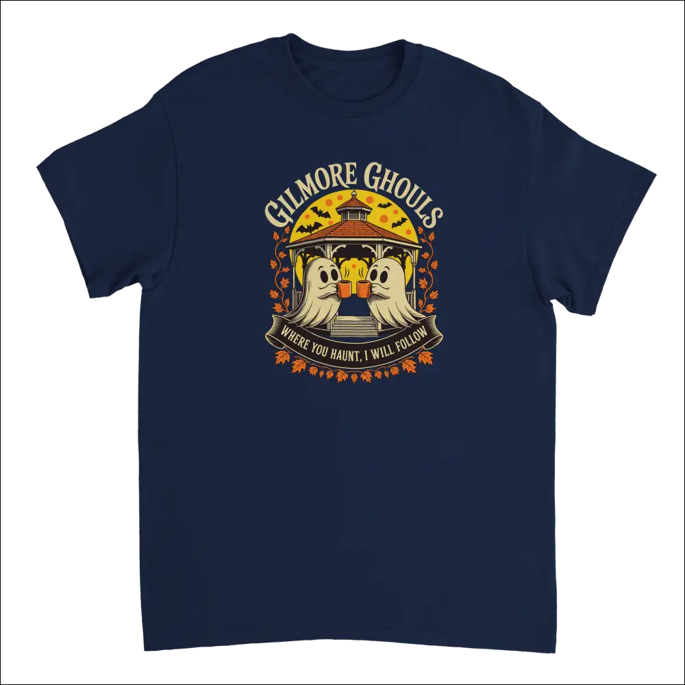 Navy blue Gilmore Ghouls t-shirt with toasting ghosts graphic