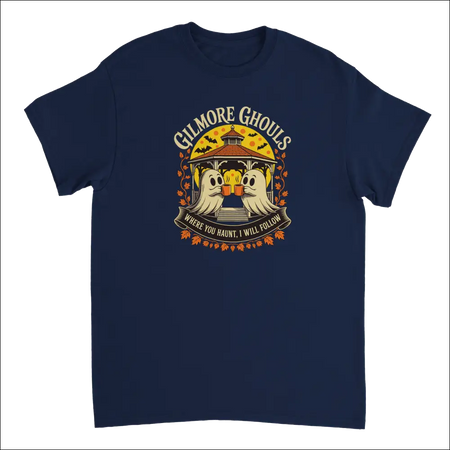 Navy blue Gilmore Ghouls t-shirt with toasting ghosts graphic