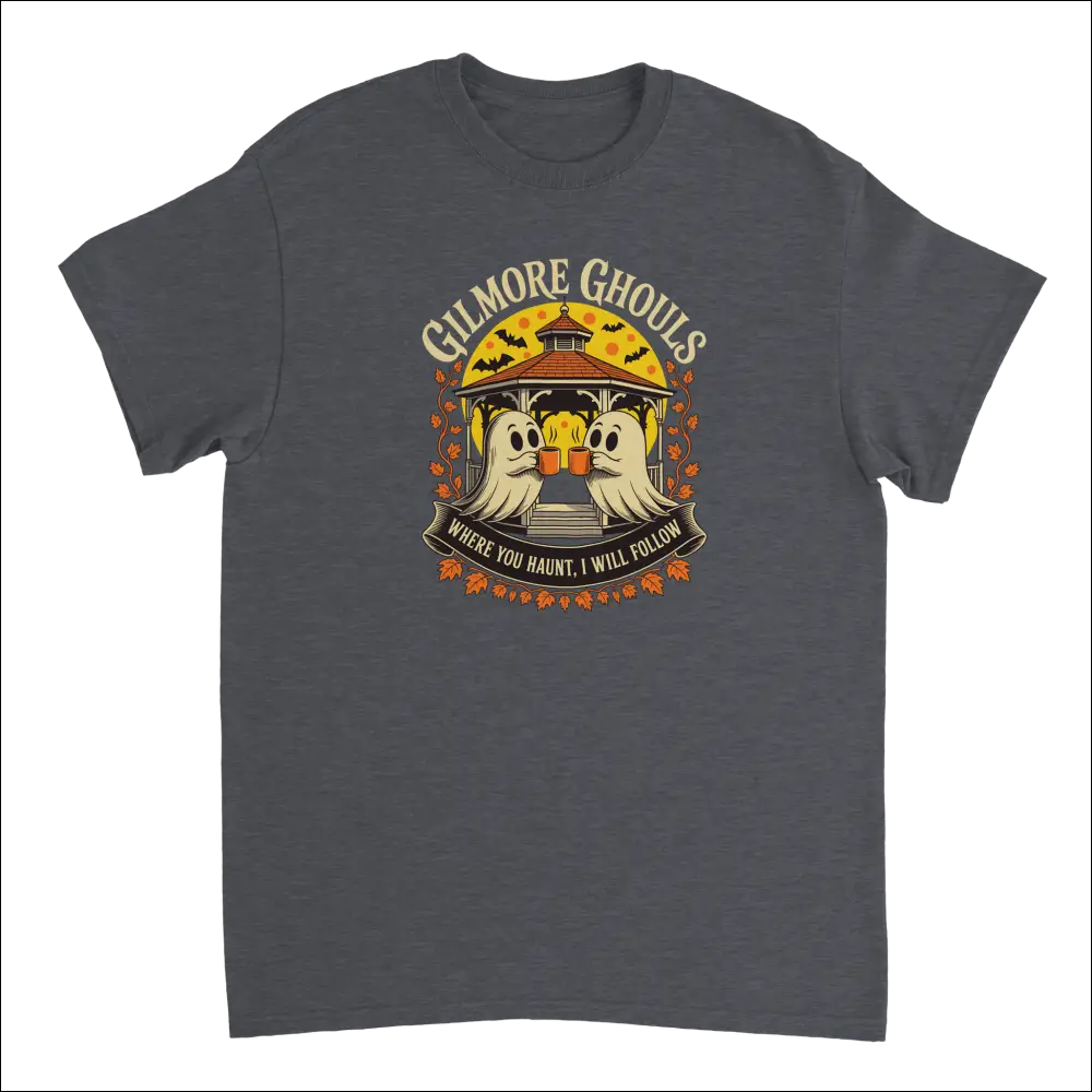 Dark gray Gilmore Ghouls Halloween t-shirt with toasting ghosts and bats