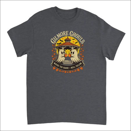 Dark gray Gilmore Ghouls Halloween t-shirt with toasting ghosts and bats