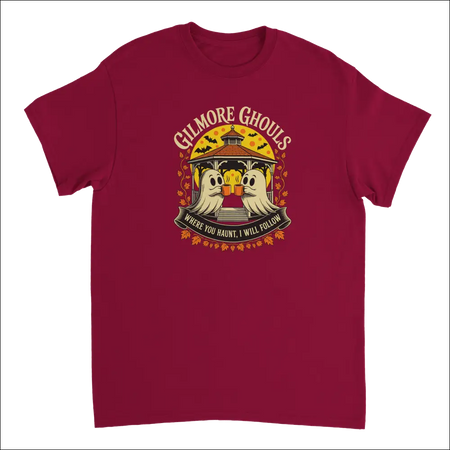 Maroon Gilmore Ghouls t-shirt with ghosts toasting graphic