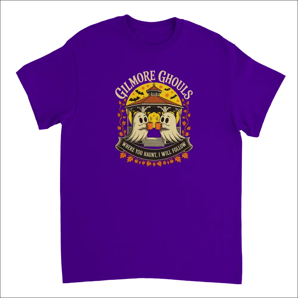 Purple Gilmore Ghouls Halloween ghosts t-shirt with autumn leaves