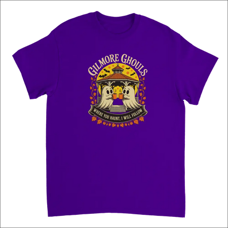 Purple Gilmore Ghouls Halloween ghosts t-shirt with autumn leaves
