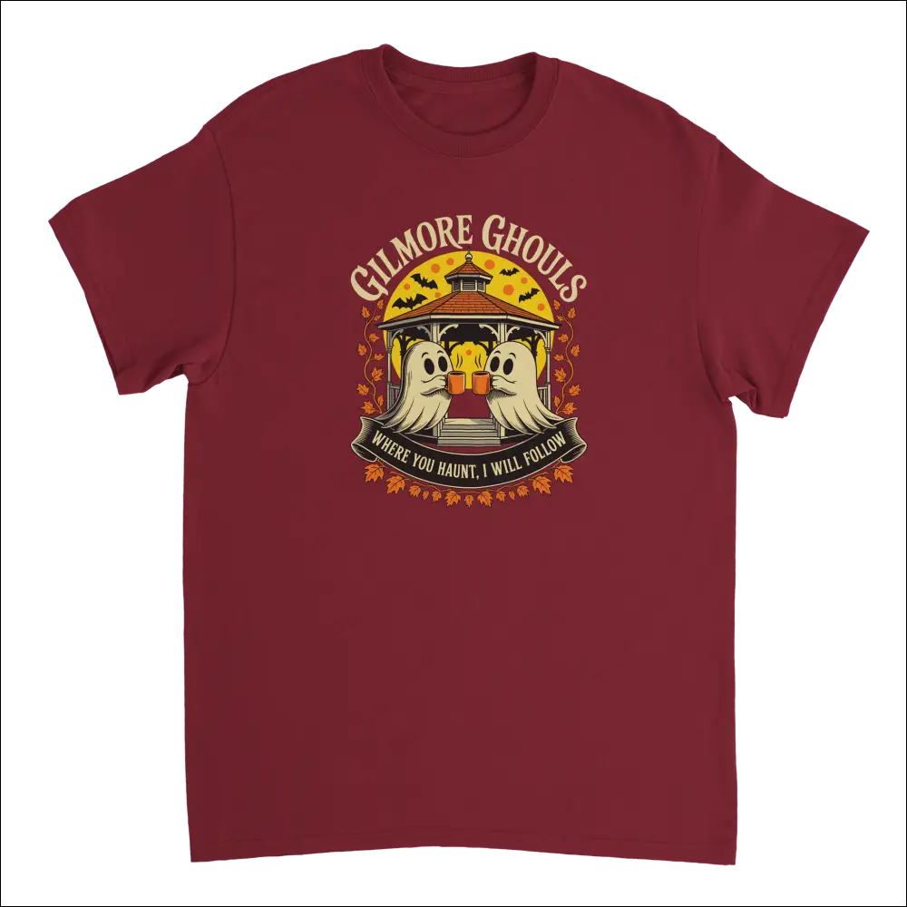 Maroon Gilmore Ghouls Halloween ghosts t-shirt with autumn leaves