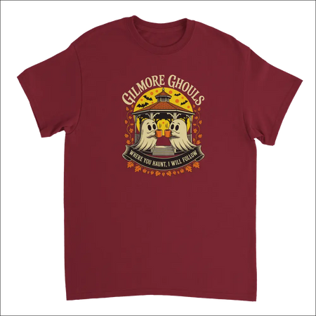 Maroon Gilmore Ghouls Halloween ghosts t-shirt with autumn leaves