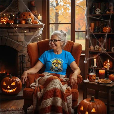 Blue Gilmore Ghouls Halloween t-shirt with ghosts and Give More Ghouls text