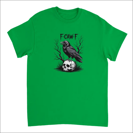 Gothic Raven Skull F-CAW-F T-Shirt with vibrant green cotton and crow graphic