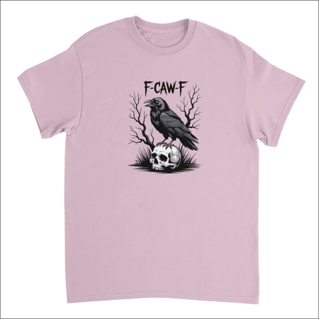 Gothic raven skull f-caw-f t-shirt in soft pink heavyweight cotton