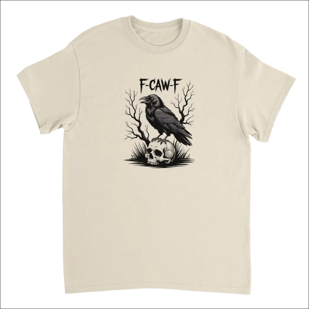 Beige short-sleeved Gothic Raven Skull T-shirt with crow on skull illustration