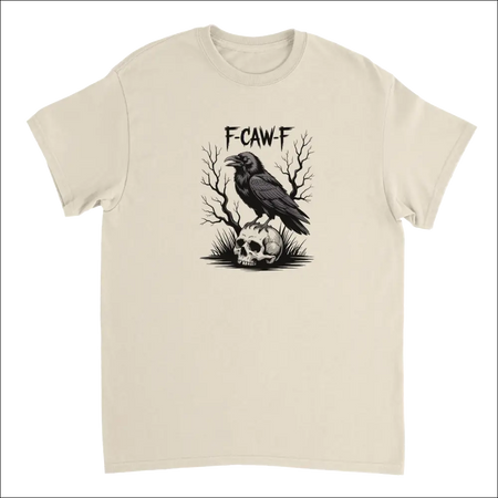 Beige short-sleeved Gothic Raven Skull T-shirt with crow on skull illustration