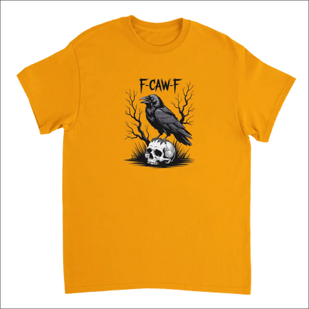 Vibrant orange Gothic Raven Skull F-CAW-F t-shirt with crow graphic