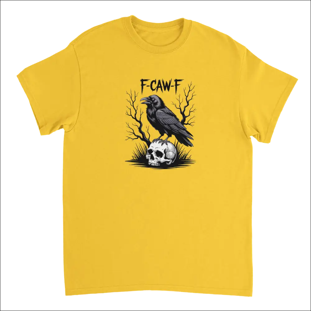 Gothic Raven Skull F-CAW-F T-Shirt: Yellow Cotton with Crow Graphic