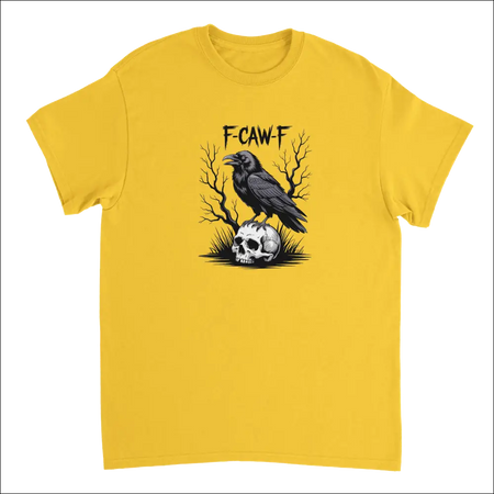 Gothic Raven Skull F-CAW-F T-Shirt: Yellow Cotton with Crow Graphic