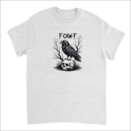 Gothic raven skull f-caw-f t-shirt in heather gray crewneck