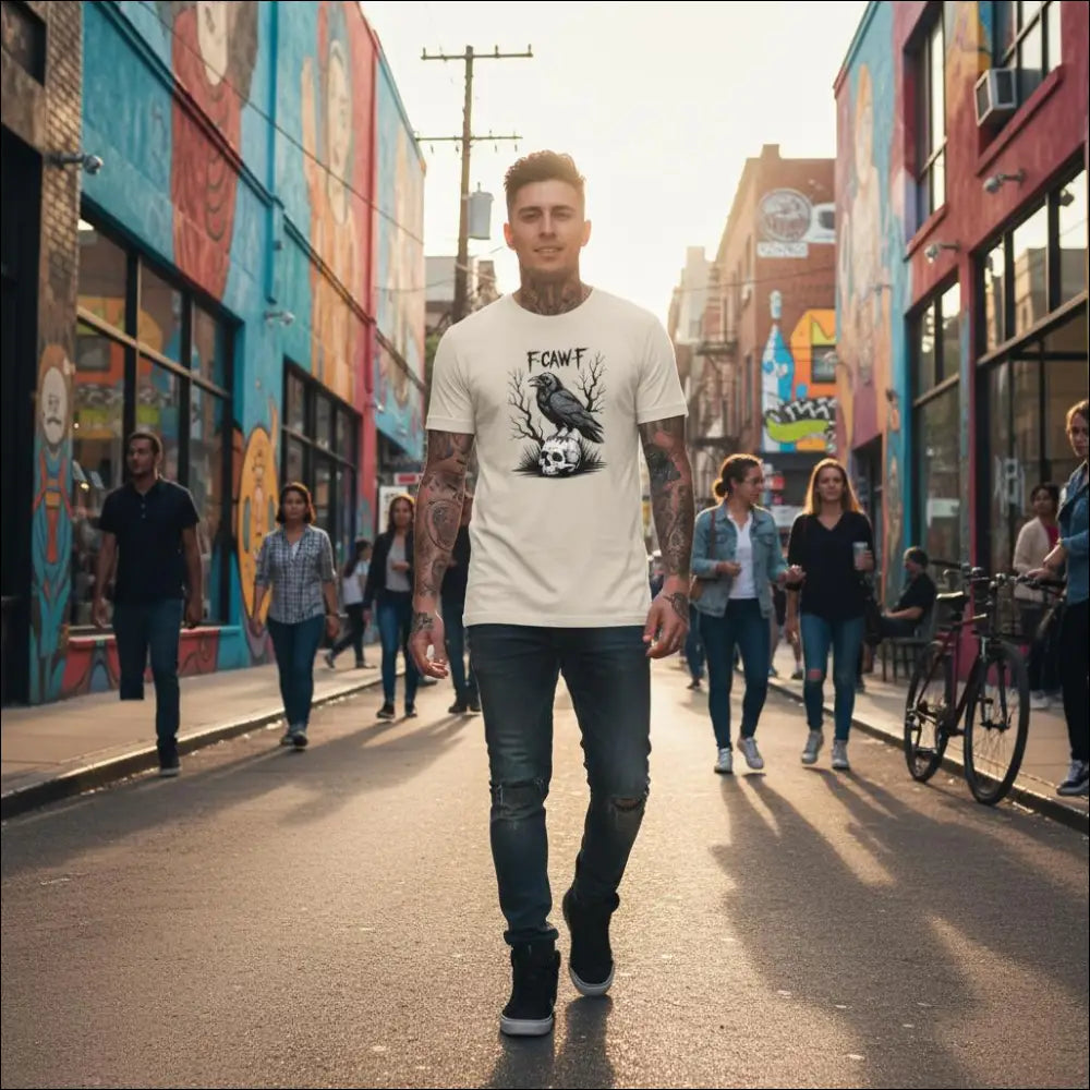 White Gothic Raven Skull F-CAW-F T-Shirt with crow on skull graphic