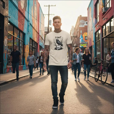 White Gothic Raven Skull F-CAW-F T-Shirt with crow on skull graphic