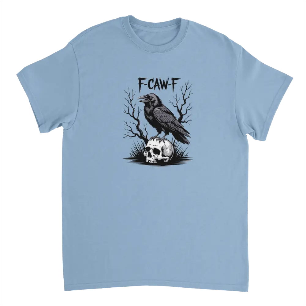 Light blue Gothic Raven Skull F-Caw-F t-shirt with crow on skull graphic